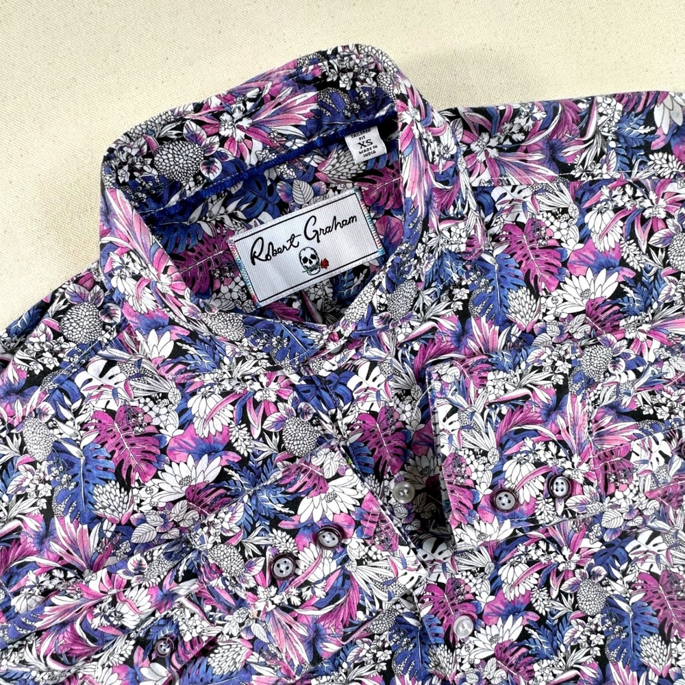 Robert Graham Mens Tailored Fit Tropical Floral Skull Button Down Shirt XS